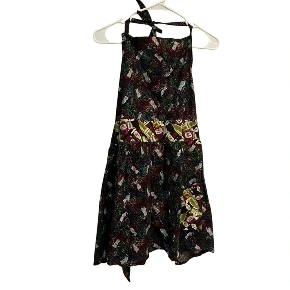 Handmade Apron Black Neon Cat Print Wine Bottle Details Pocket Tie Back